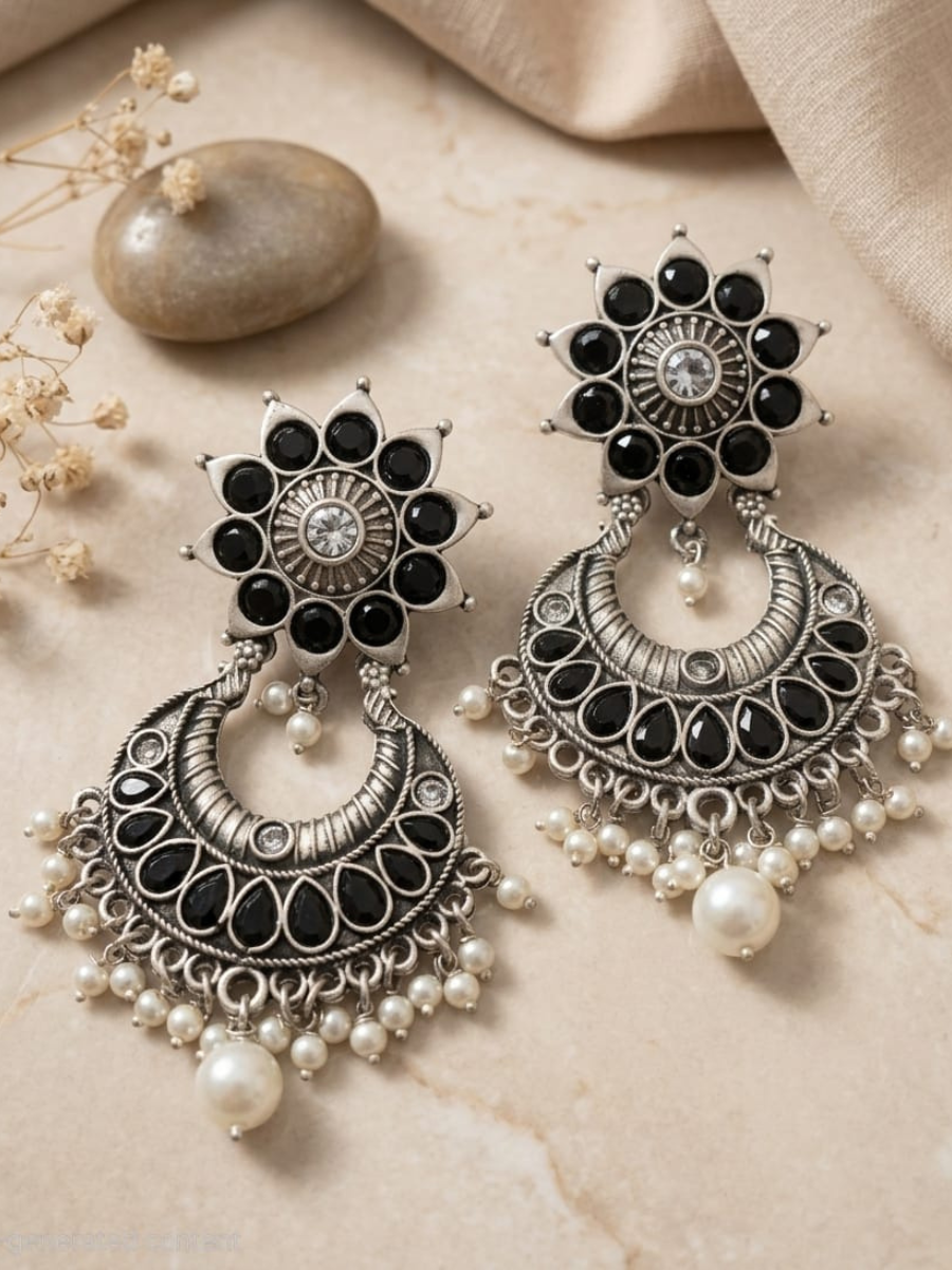 Buy Classic German Silver Oxidised Black Stone Dangle Earrings online in India
