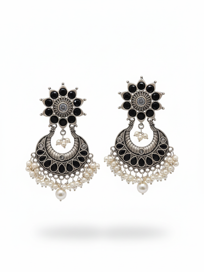 Classic German Silver Oxidised Black Stone Dangle Earrings
