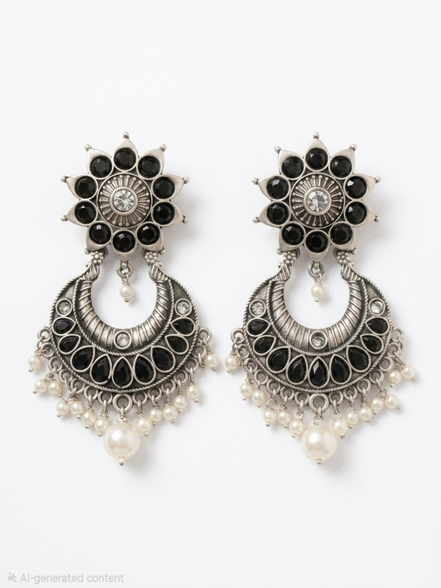Classic German Silver Oxidised Black Stone Dangle Earrings