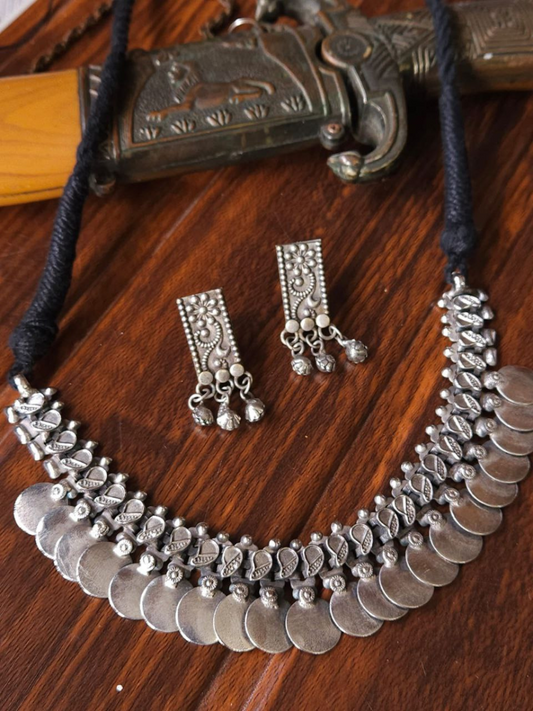 Buy Classic German Silver Oxidised Choker Necklace with Earrings - TheJewelbox