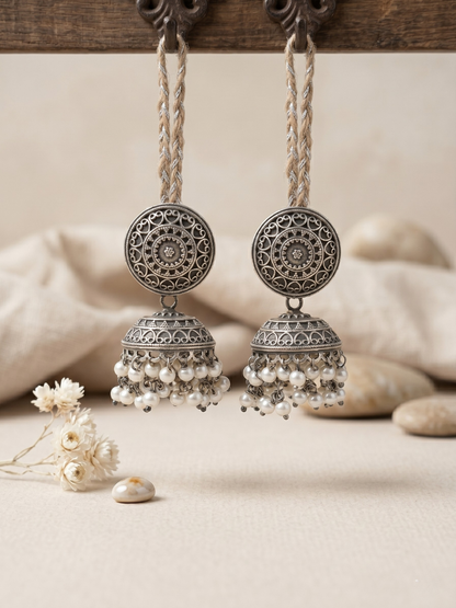 Buy Classic German Silver Oxidised Jhumka Earrings with Pearls Online in India