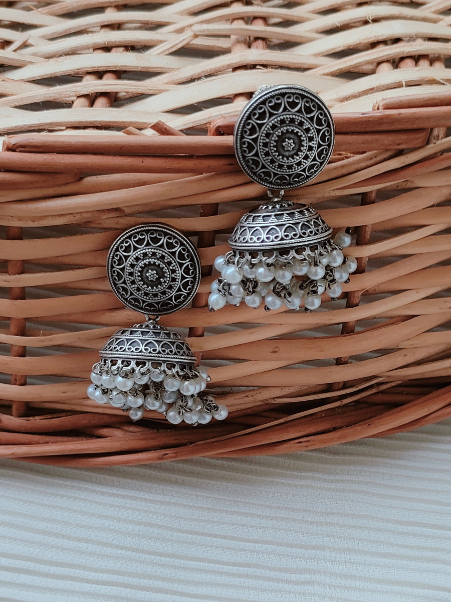 Classic German Silver Oxidised Jhumka Earrings with Pearls