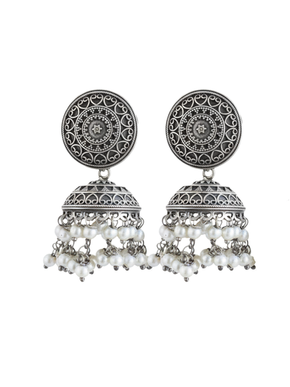 Classic German Silver Oxidised Jhumka Earrings with Pearls