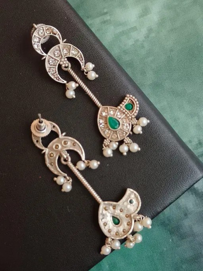 Classic Oxidised Silver Green Stones Long Drop Earrings