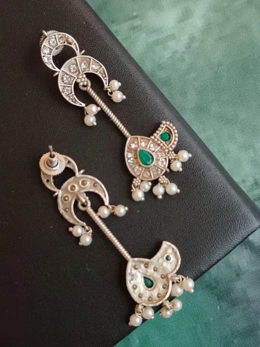 Classic Oxidised Silver Green Stones Long Drop Earrings