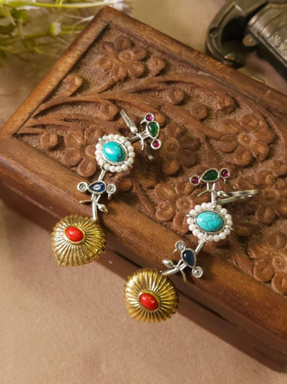 Classic Multicolor Stones Dual Tone Oxidised Bird Earcuffs