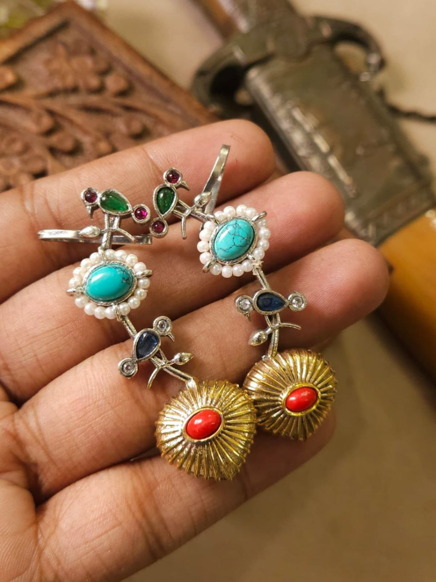 Classic Multicolor Stones Dual Tone Oxidised Bird Earcuffs - Real Picture