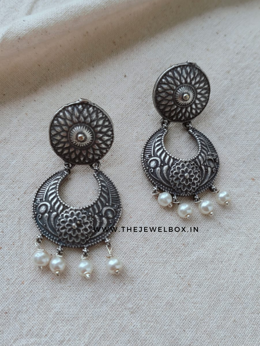 Buy Classic Oxidised Silver Chandbali Earrings with Pearl Drops - TheJewelbox