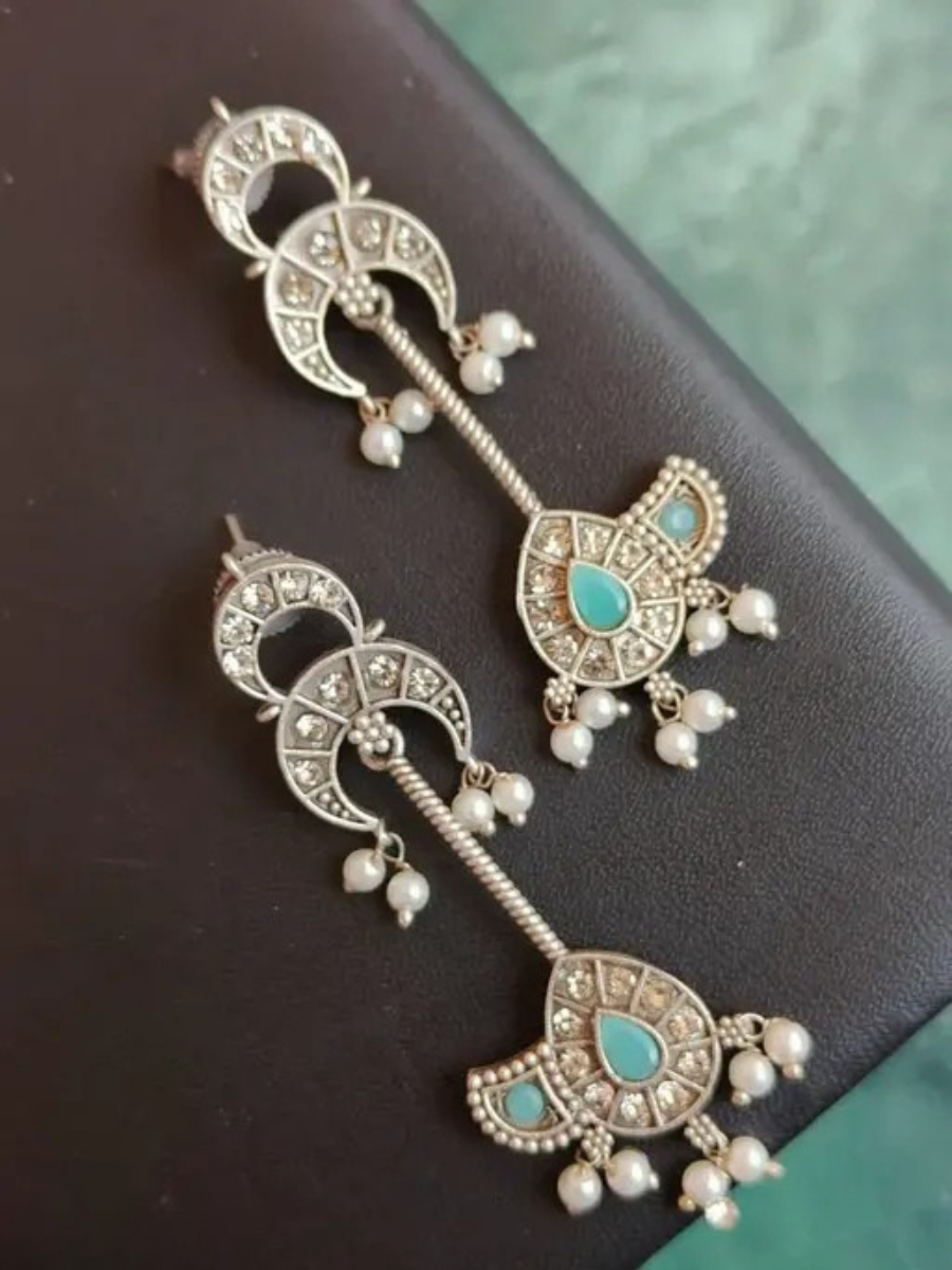 Buy Classic Sea Green Stones Oxidised Silver Long Drop Earrings Online - TheJewelbox