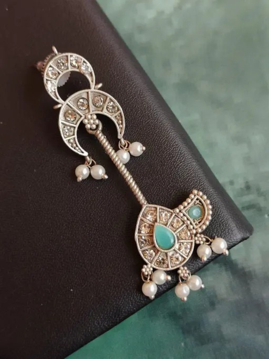 Classic Sea Green Stones Oxidised Silver Long Drop Earrings