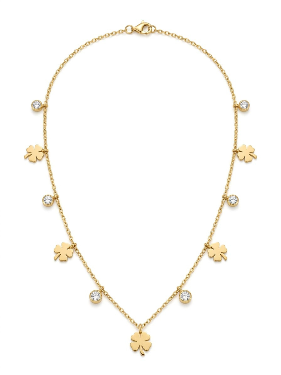 Clover and Diamond Charms Minimal Golden Chain Necklace