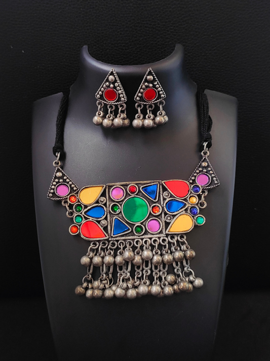 Buy Colorful Stone Black Metal Afghani Choker Necklace Set - TheJewelbox