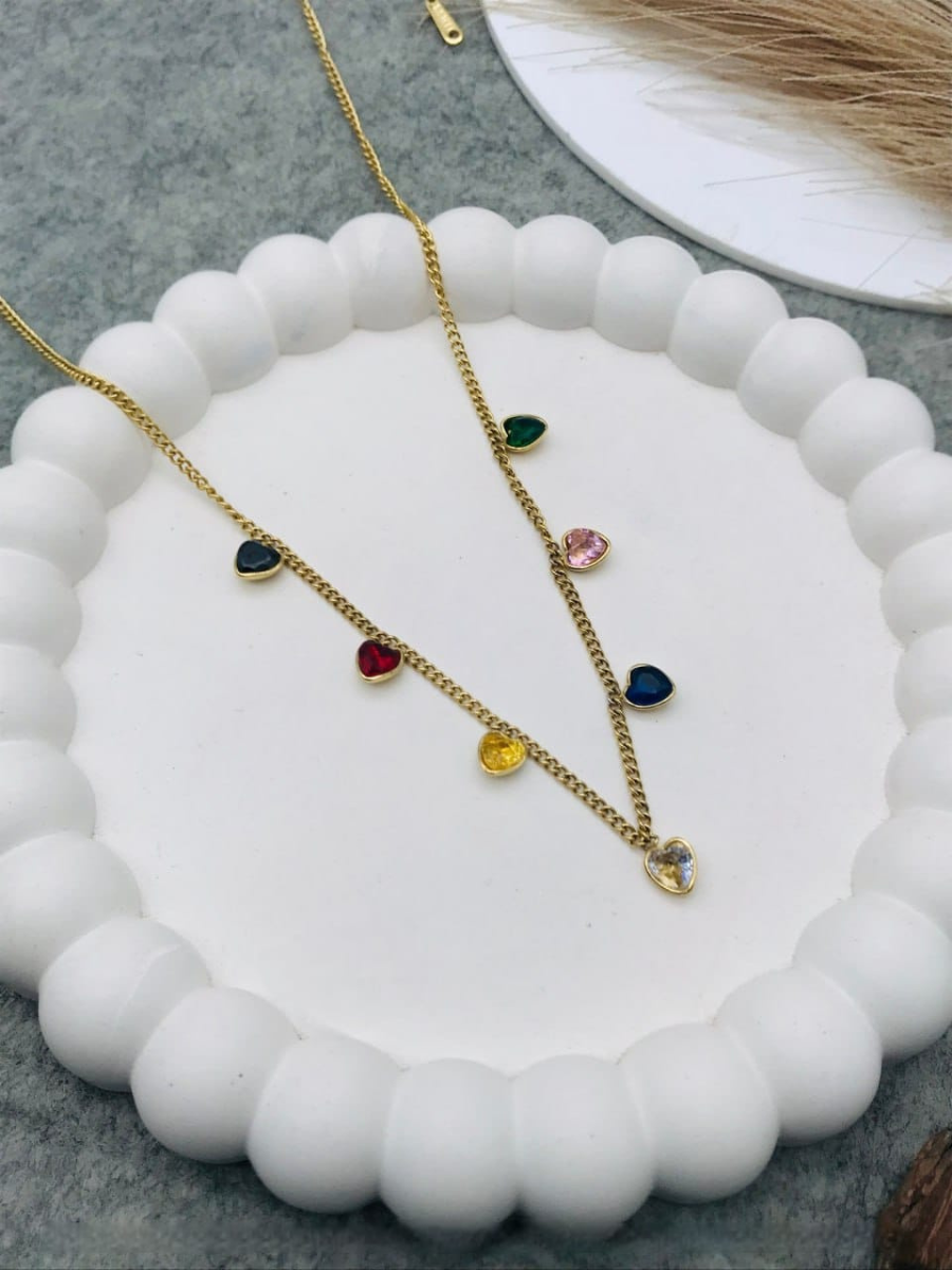 Buy Colourful Heart Charms Golden Plated Dainty Chain Necklace Online - TheJewelbox