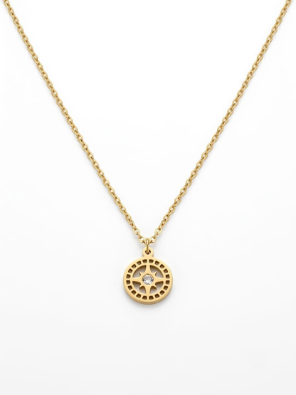 Crystal Center Round Medallion Pendant Golden Chain Necklace