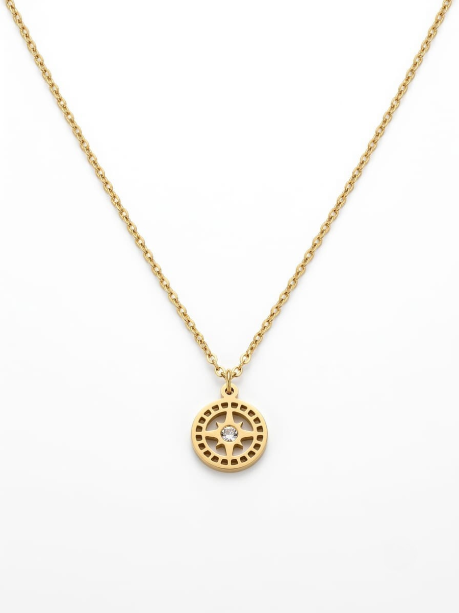 Crystal Center Round Medallion Pendant Golden Chain Necklace