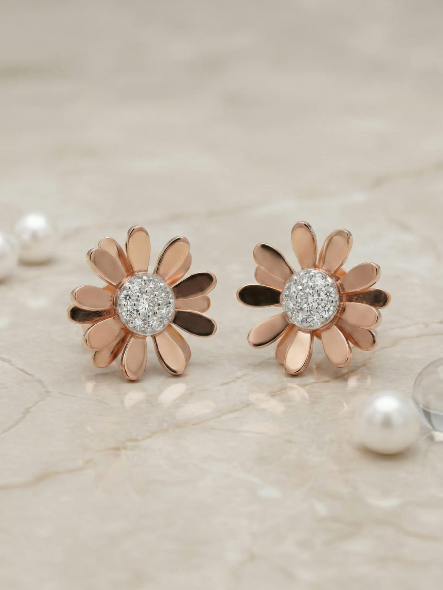 Rose gold daisy flower stud earrings