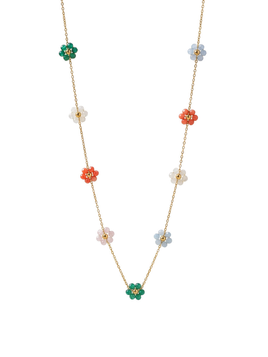 Dainty Colourful Beaded Flower Charms Golden Chain Necklace