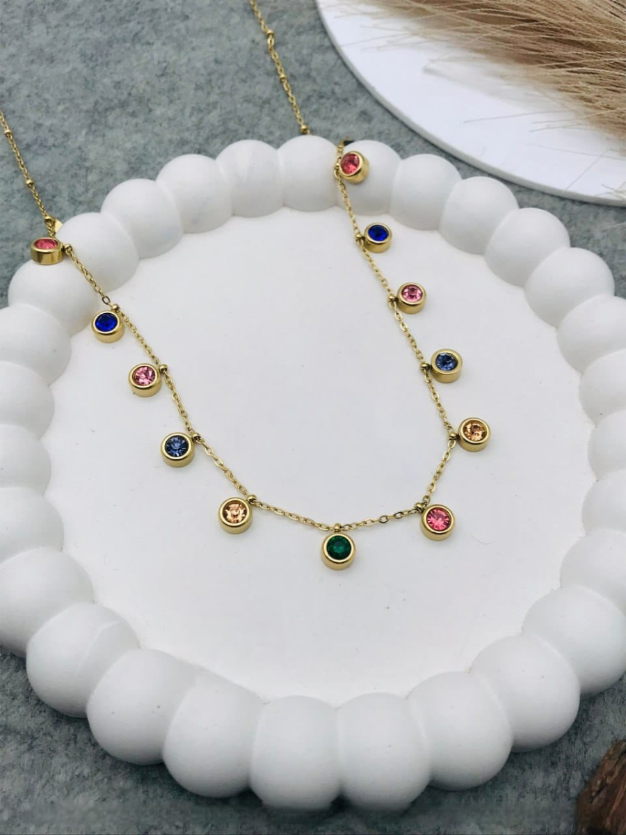 Buy Dainty Colourful Round Crystal Charms Golden Chain Necklace Online - TheJewelbox