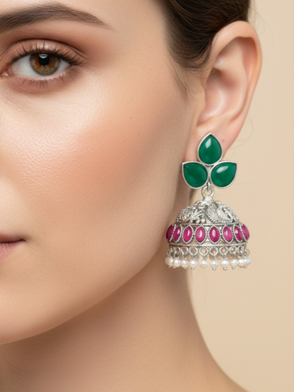 Dark Green and Ruby Red Peacock Style Oxidised Silver Jhumka