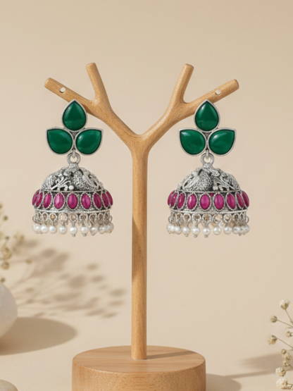 Oxidised silver teal peacock jhumkas