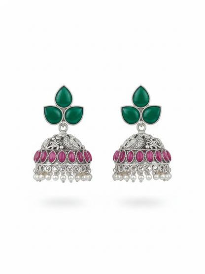 Traditional green and ruby pink gemstone earrings