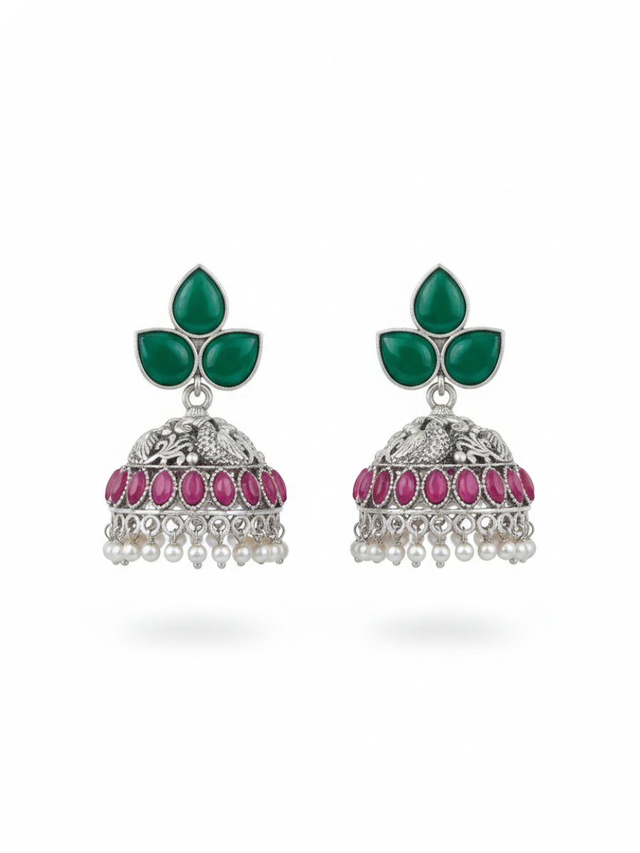Traditional green and ruby pink gemstone earrings