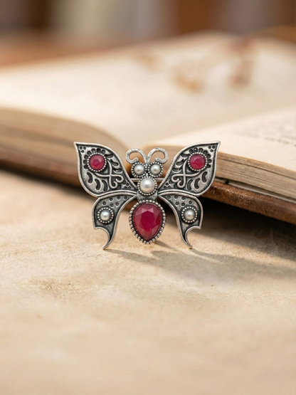 Buy Designer Oxidised Silver Plated Pink Butterfly Ring Online in India - TheJewelbox