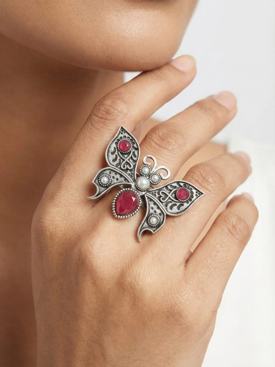 Designer Oxidised Silver Plated Pink Butterfly Ring