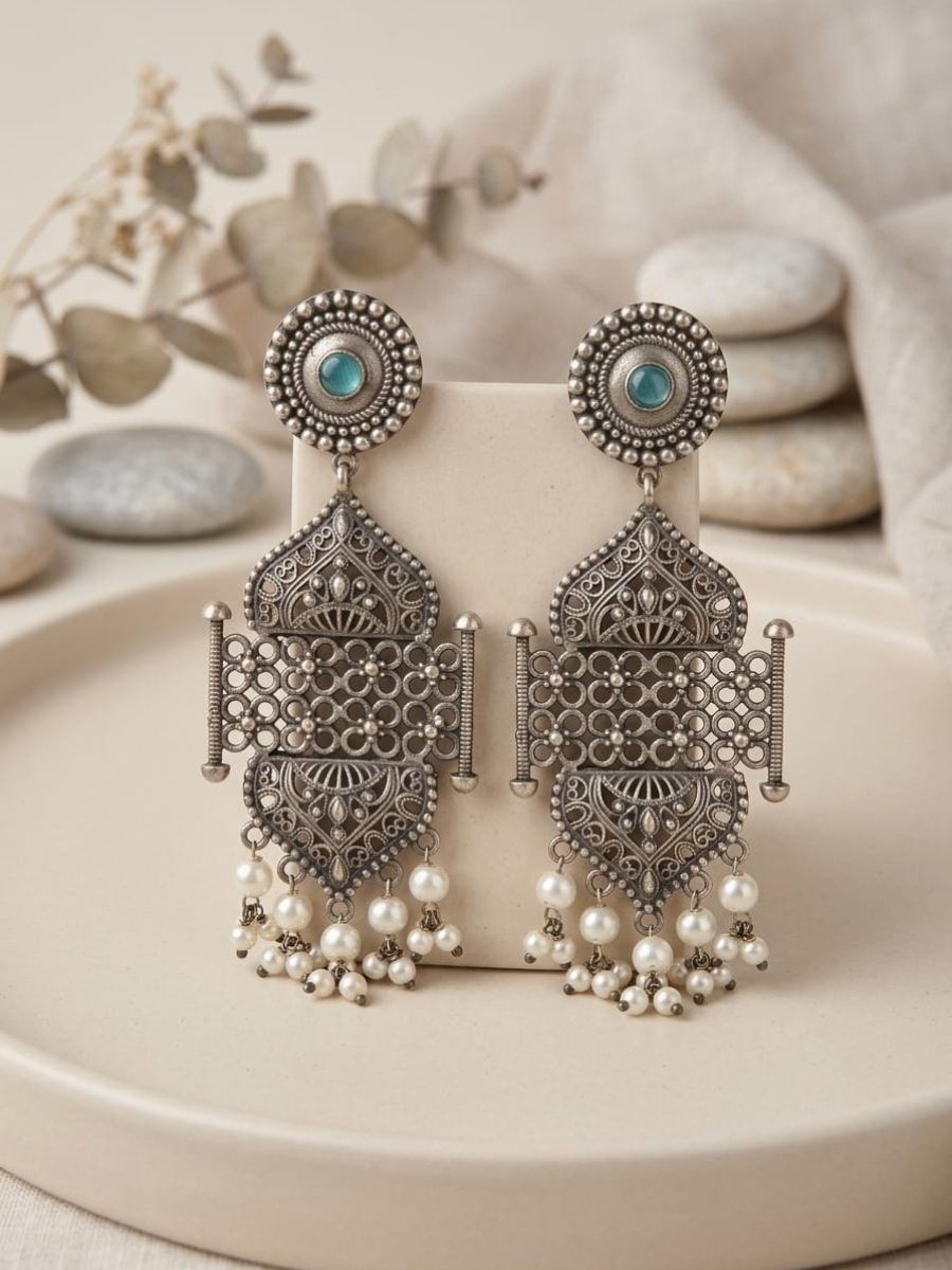 Buy Designer Oxidsied Silver Turquoise Statement Earrings Online in India