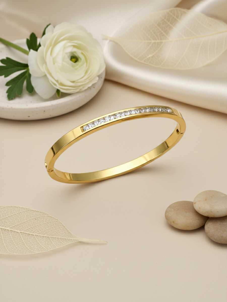 Buy Diamond Studded Sleek Gold Plated Stainless Steel Kada Bracelet Online in India