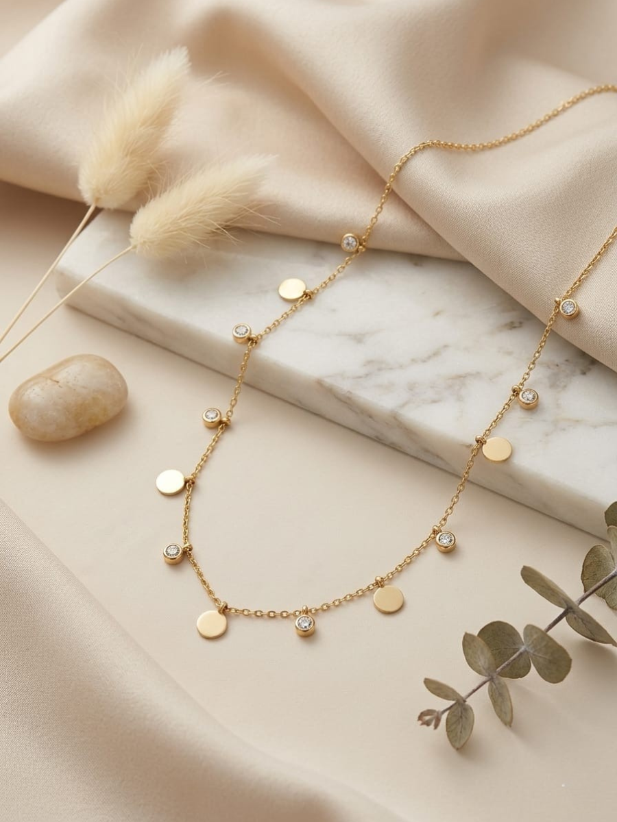 Buy Diamond and Round Charms Golden Minimal Chain Necklace Online in India