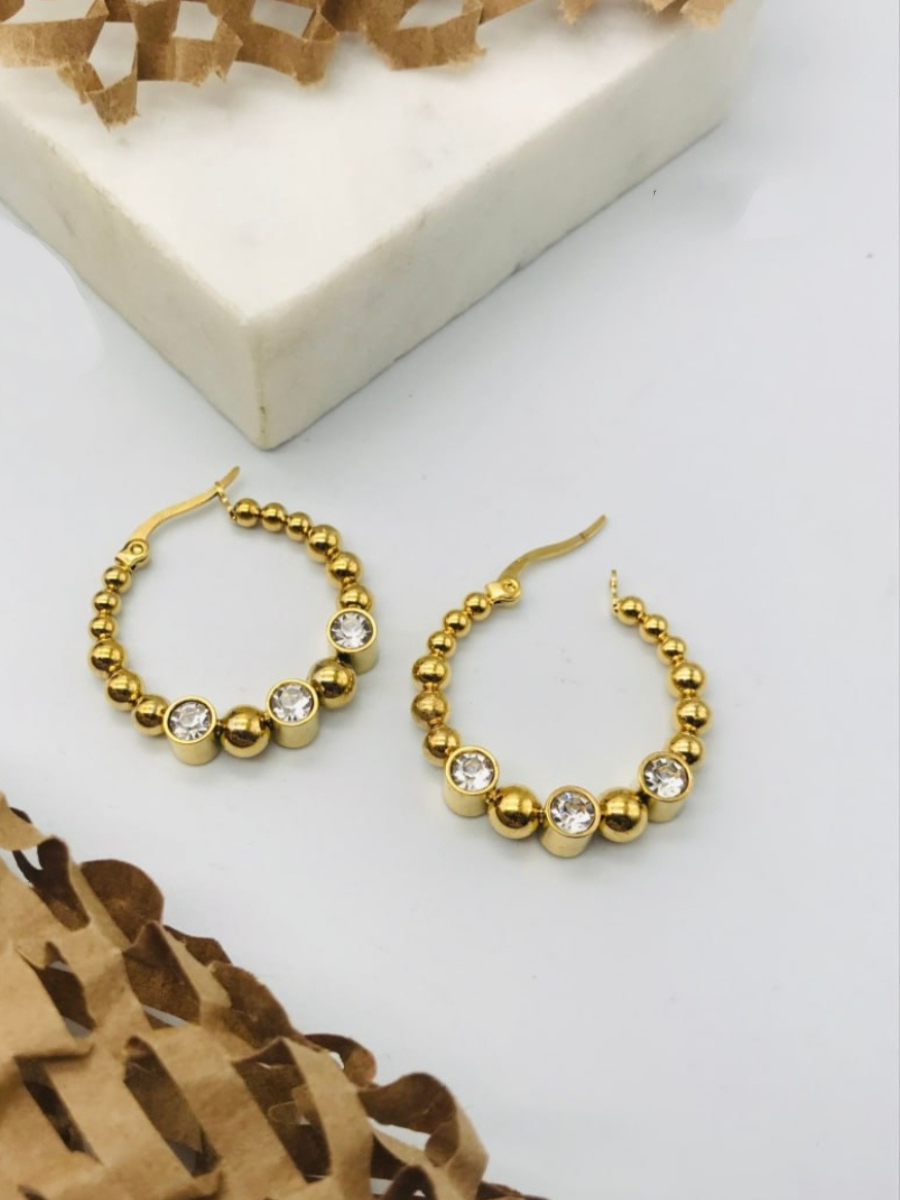 Diamonds and Beads Gold Plated Hoop Earrings