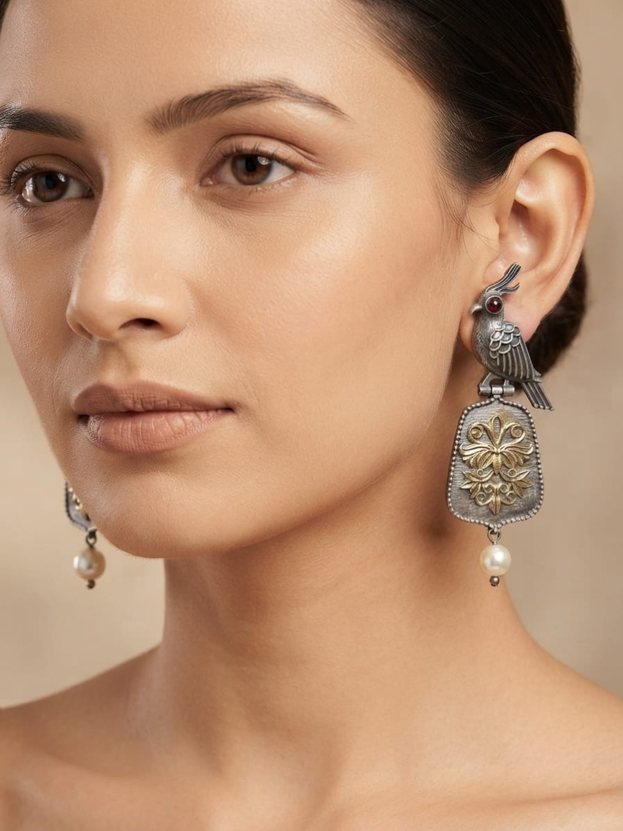 Dual Tone Oxidised Bird Drop Earrings