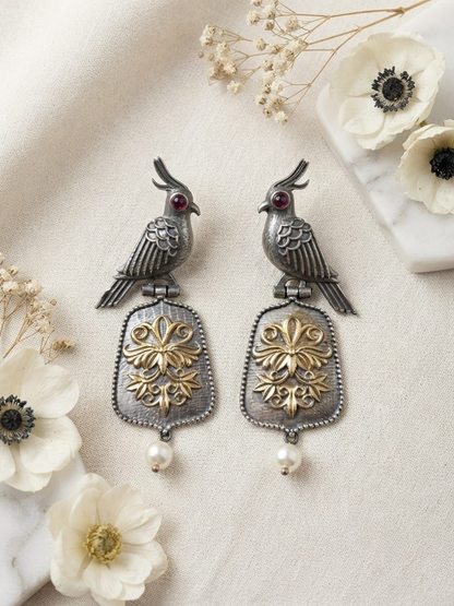 Dual tone oxidised bird earrings