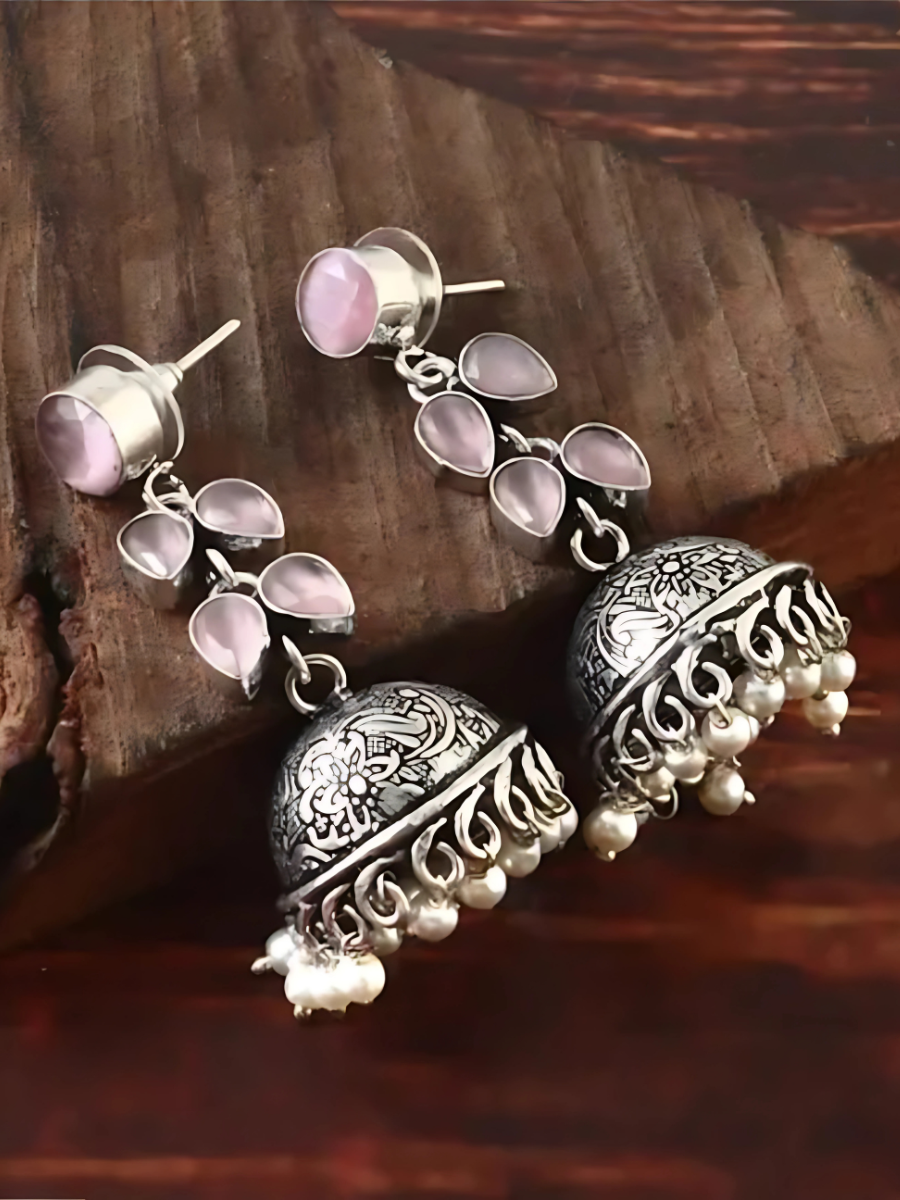 Buy Elegant Baby Pink Stones Oxidised Silver Drop Jhumka Earrings Online - TheJewelbox