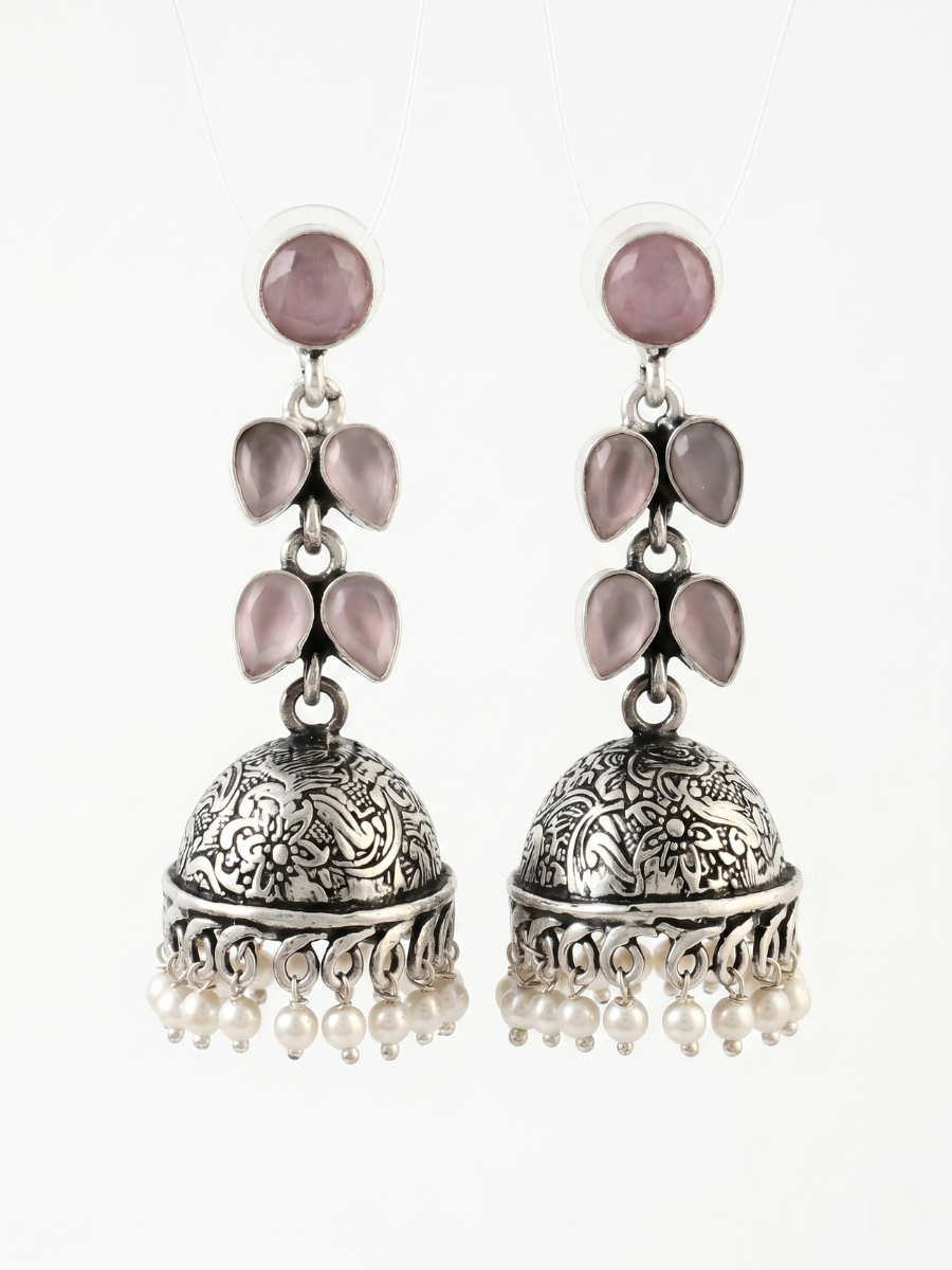 Elegant Baby Pink Stones Oxidised Silver Drop Jhumka Earrings