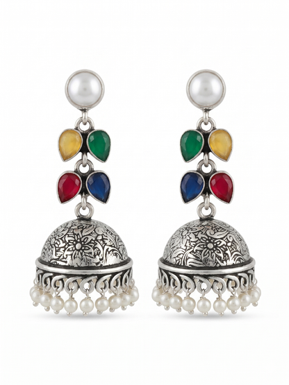 Elegant Colourful Stones Oxidised Silver Drop Jhumka Earrings