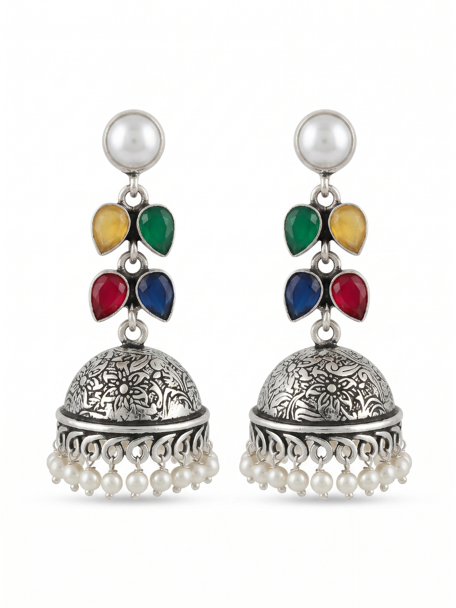 Elegant Colourful Stones Oxidised Silver Drop Jhumka Earrings