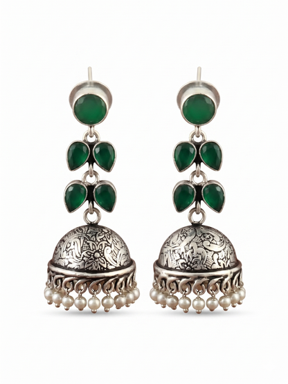 Elegant Green Stones Oxidised Silver Drop Jhumka Earrings