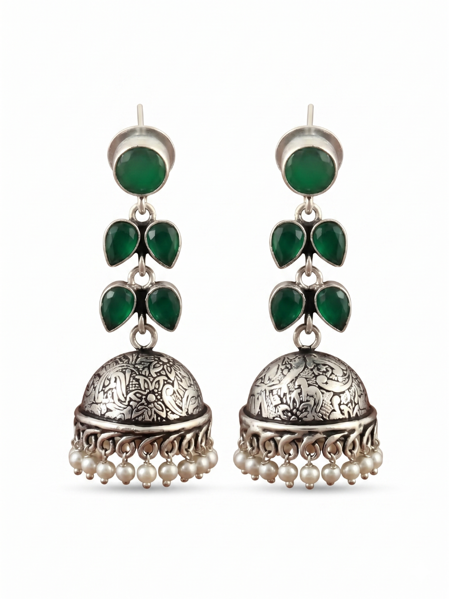 Elegant Green Stones Oxidised Silver Drop Jhumka Earrings