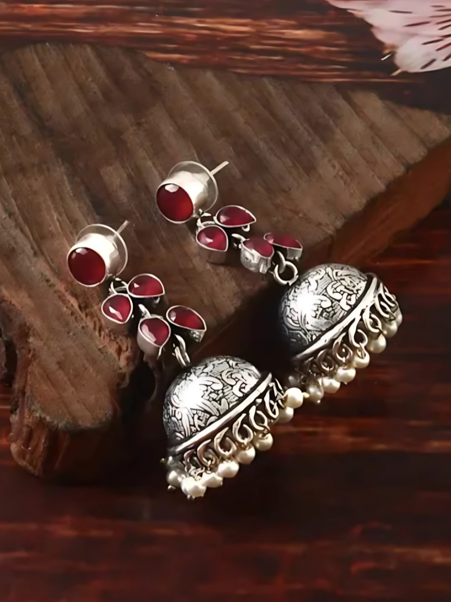 Buy Elegant Ruby Red Stones Oxidised Silver Drop Jhumka Earrings Online - TheJewelbox