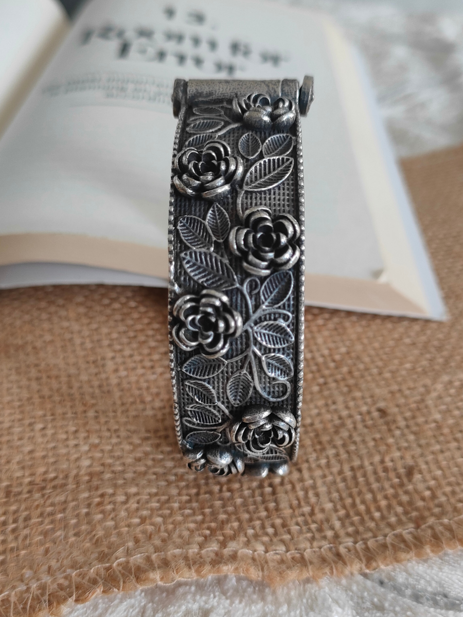 Buy Embossed Flower Style German Silver Oxidised Bangle - TheJewelbox