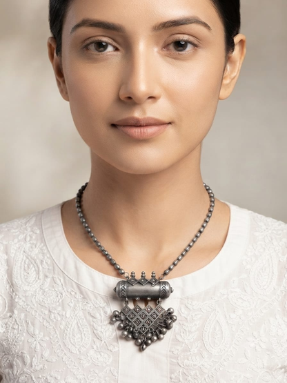 Ethnic Oxidised Silver Beaded Pendant Long Necklace