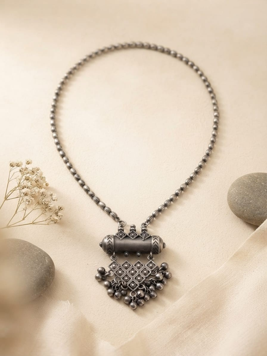 Oxidised silver ethnic long necklace
