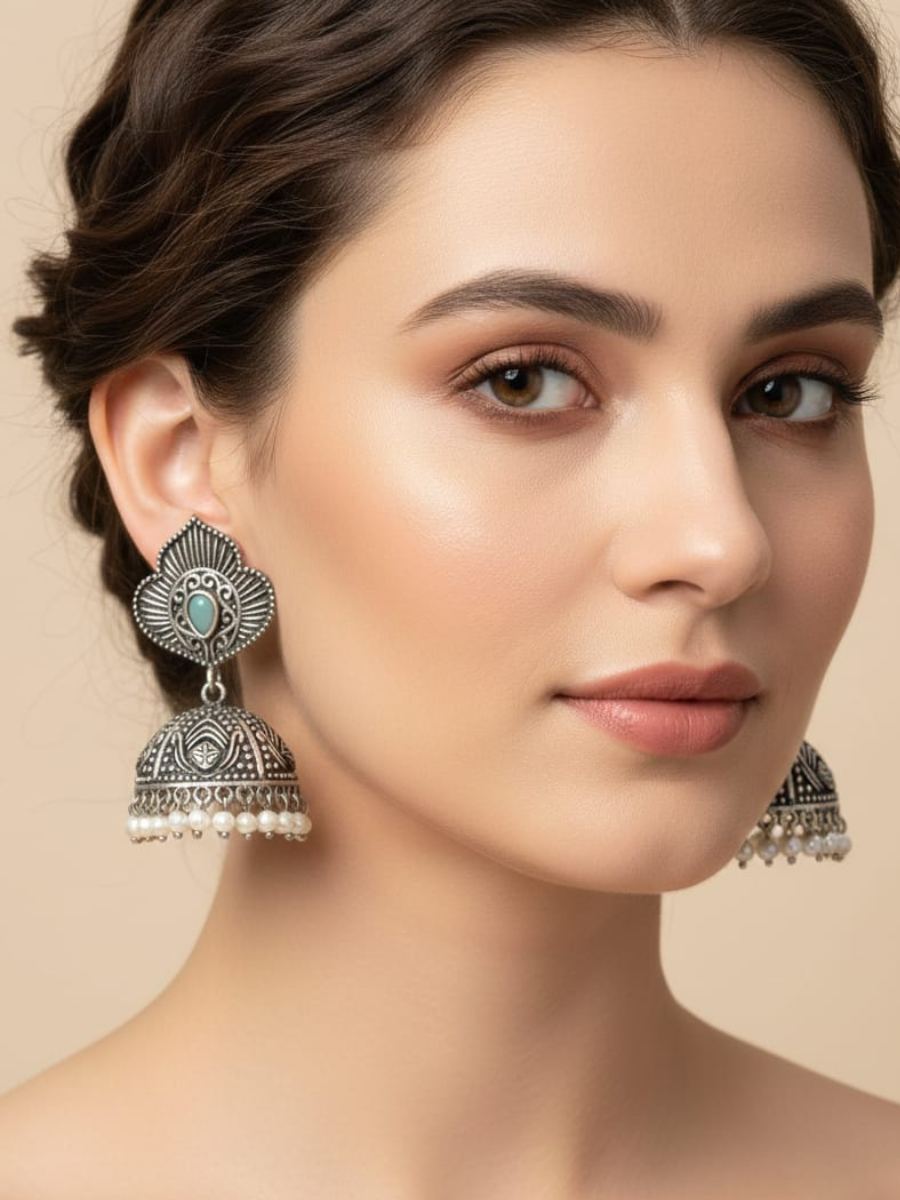 Oxidised silver goddess motif jhumkas