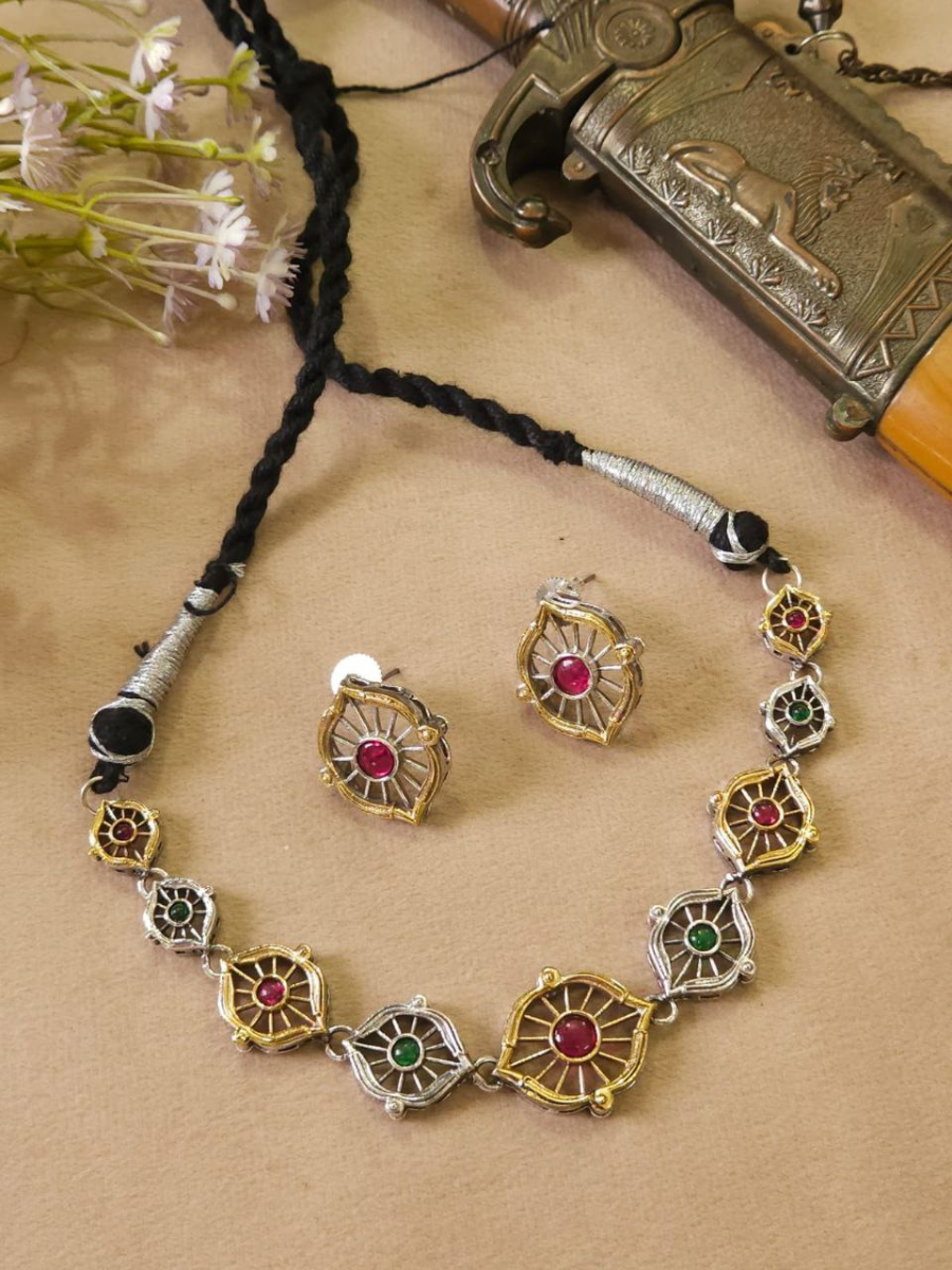 Buy Ethnic Red and Green Stones Dual Tone Oxidised Choker Necklace Online - TheJewelbox