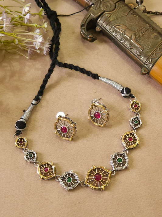 Buy Ethnic Red and Green Stones Dual Tone Oxidised Choker Necklace Online - TheJewelbox