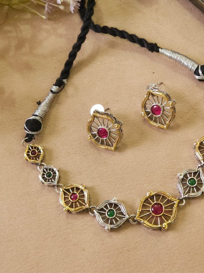 Ethnic Red and Green Stones Dual Tone Oxidised Choker Necklace