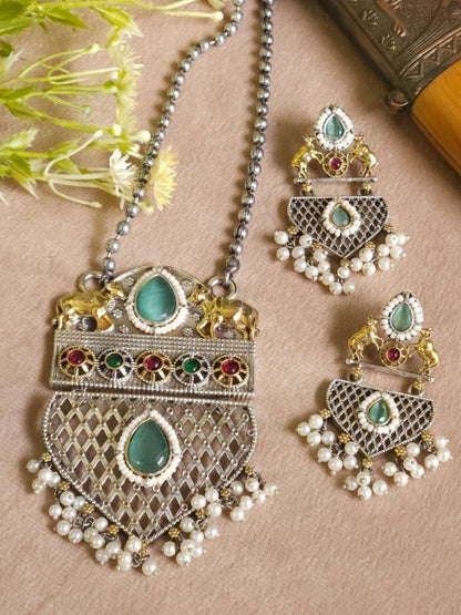 Ethnic Sea Green Kundan Dual Tone Oxidised Long Necklace Set