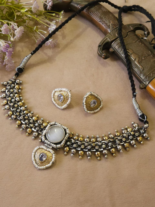 Buy Ethnic White Stone Dual Tone Oxidised Choker Necklace Set Online - TheJewelbox